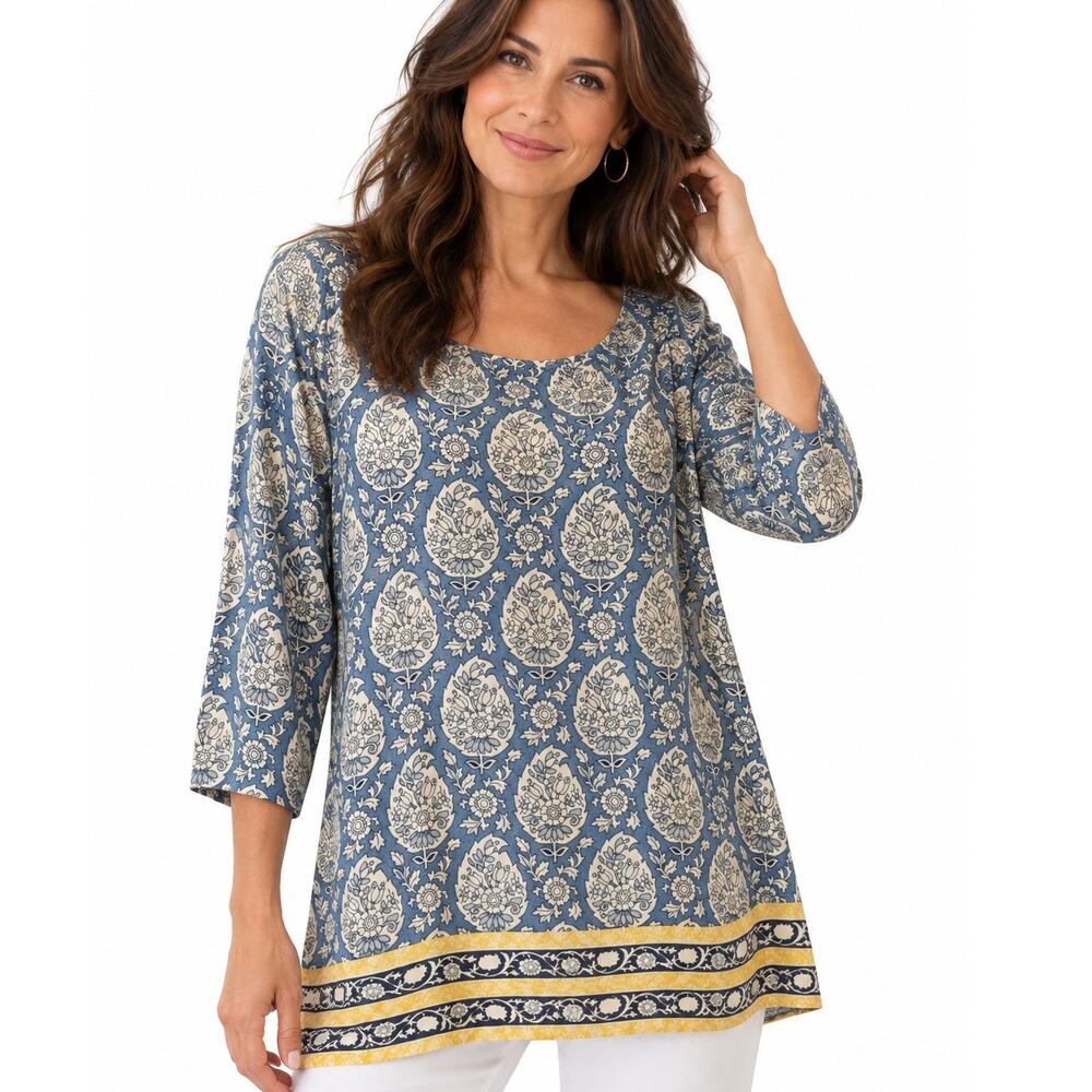 The Talbots Tee Womens Size 3X Blue Floral Border Top Boat Neck Mixed Print